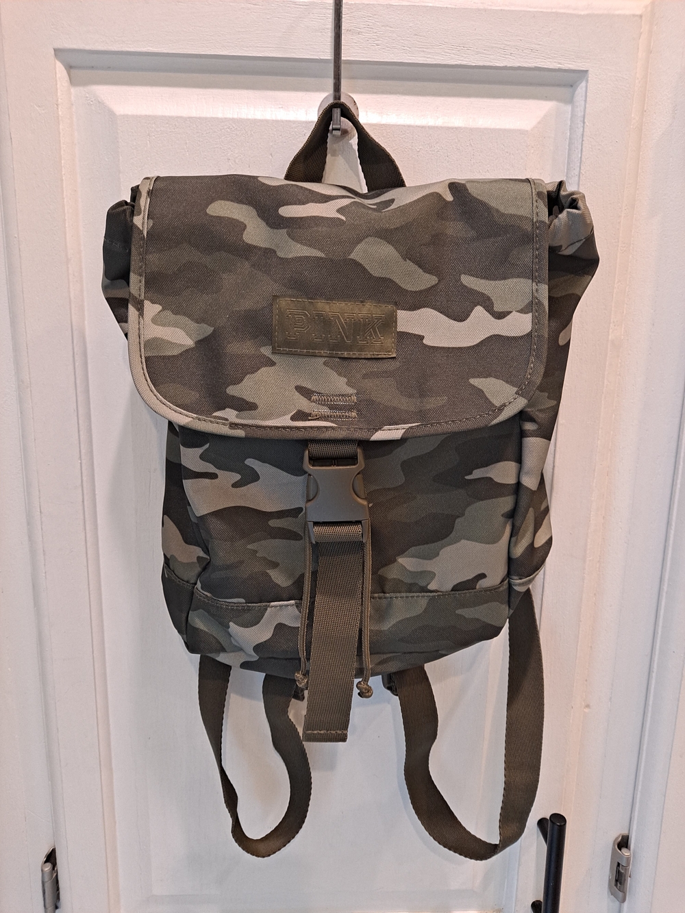 PINK Victoria's Secret Mini Green Camo Canvas Backpack Purse Toggle Drawstring